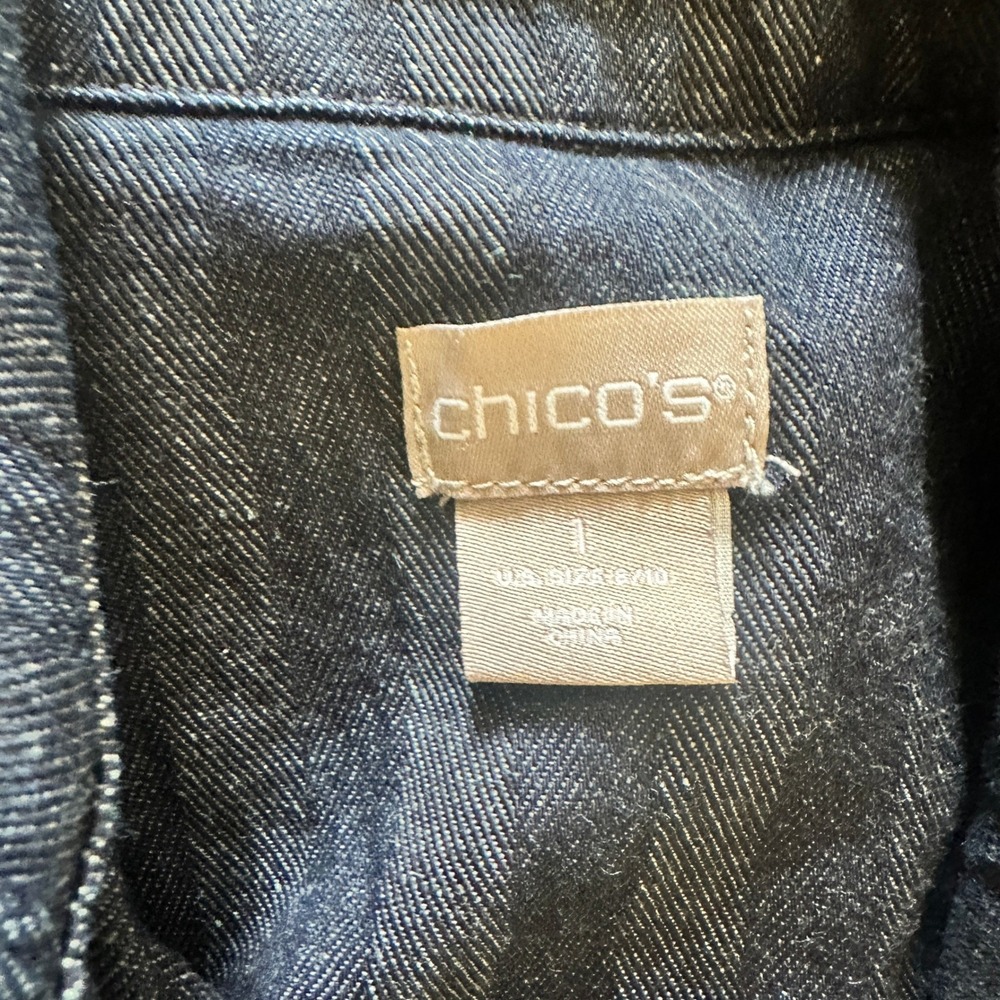 Chicos Dark Wash Denim Trench Coat Double Breasted Herringbone Long Jacket Sz 1 - Picture 6 of 13